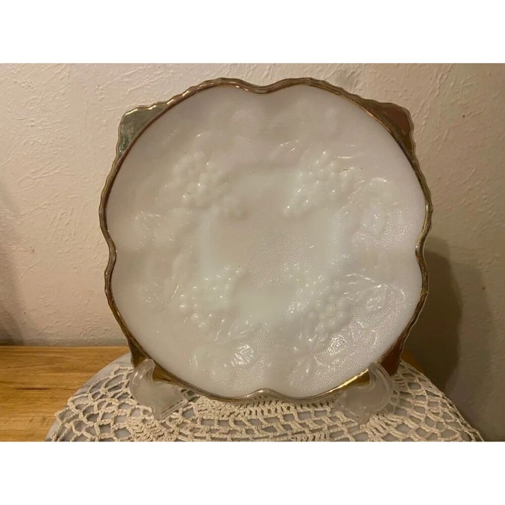 Vintage Mid-Century Anchor Hocking Milk Glass Grape & Vine Serving Bowl
